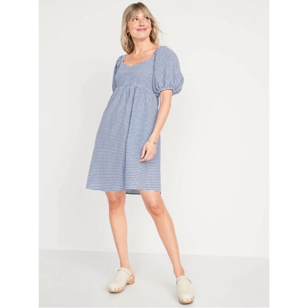 Old Navy Seersucker Blue and White Gingham Puff Sleeve Dress size XS TALL